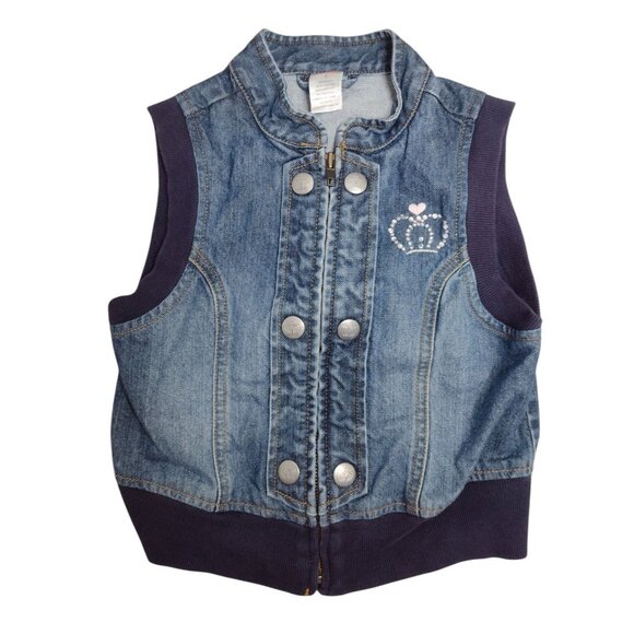Gymboree Y2K Girls Denim Vest Size 7 Full Zip Embroidered Crown Vintage Blue - Picture 1 of 5